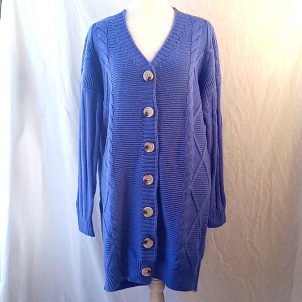 Women's Long Cardigan Sweater Cable Knit Button-Down  Royal Blue Size M